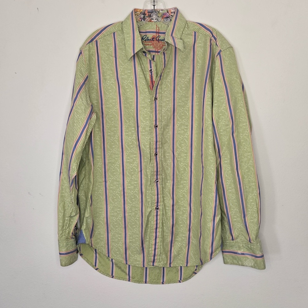 Robert Graham Striped Button Down Shirt Green Multi Color Flip Cuff M/M